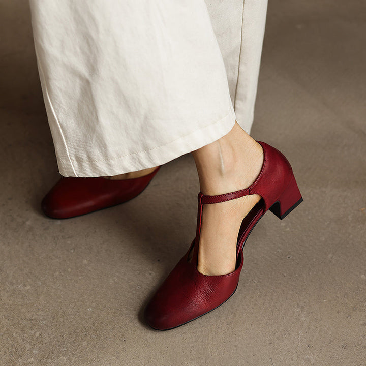 Women's Leather T-Strap Pumps - Vintage Washed Cowhide Closed Mid Block Heel Sandals d'Orsay Shoes with Buckle Strap