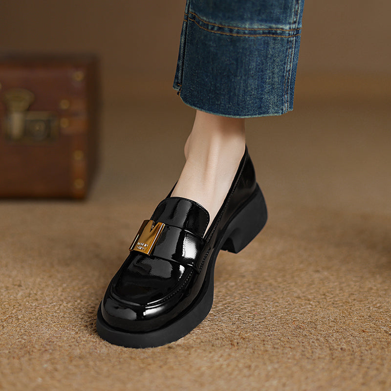 Women's Leather Classic Metal Decoration Block Heel Mid Heel Loafers