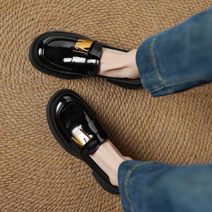 Women's Leather Classic Metal Decoration Block Heel Mid Heel Loafers