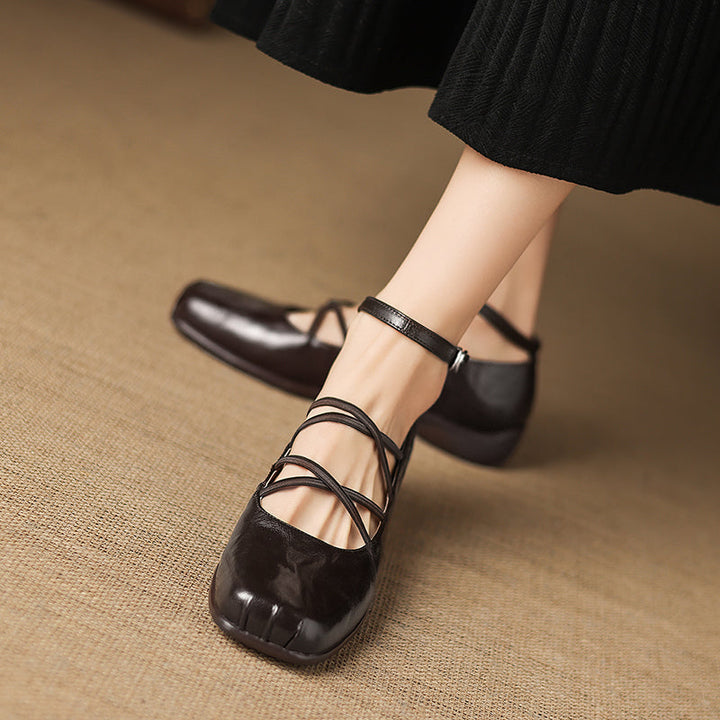 Women's Sheepskin Flats - Block Heel - Square Toe Strappy Mary Janes