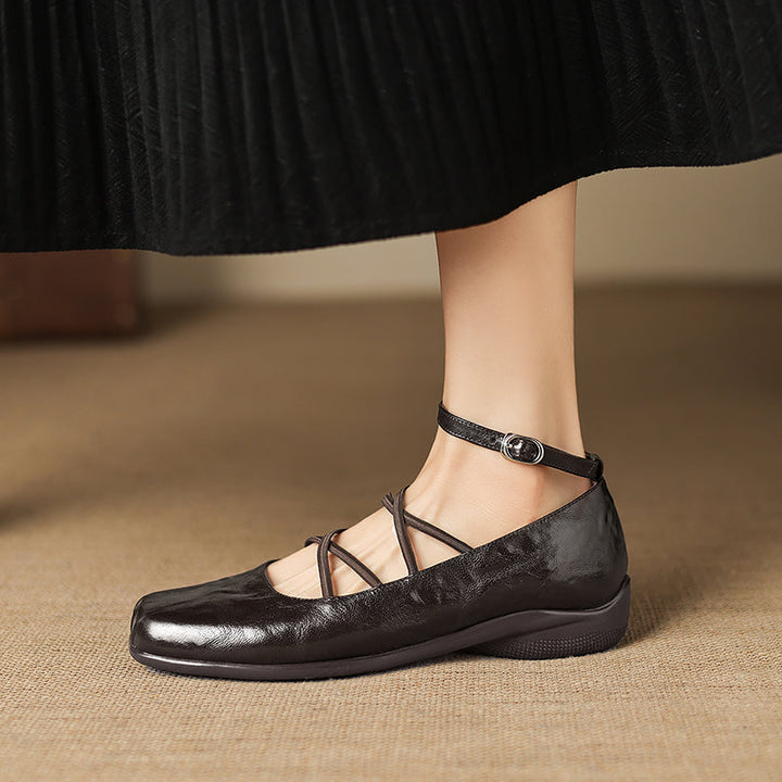 Women's Sheepskin Flats - Block Heel - Square Toe Strappy Mary Janes