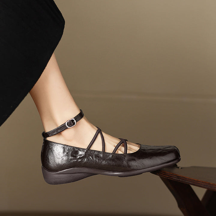 Women's Sheepskin Flats - Block Heel - Square Toe Strappy Mary Janes