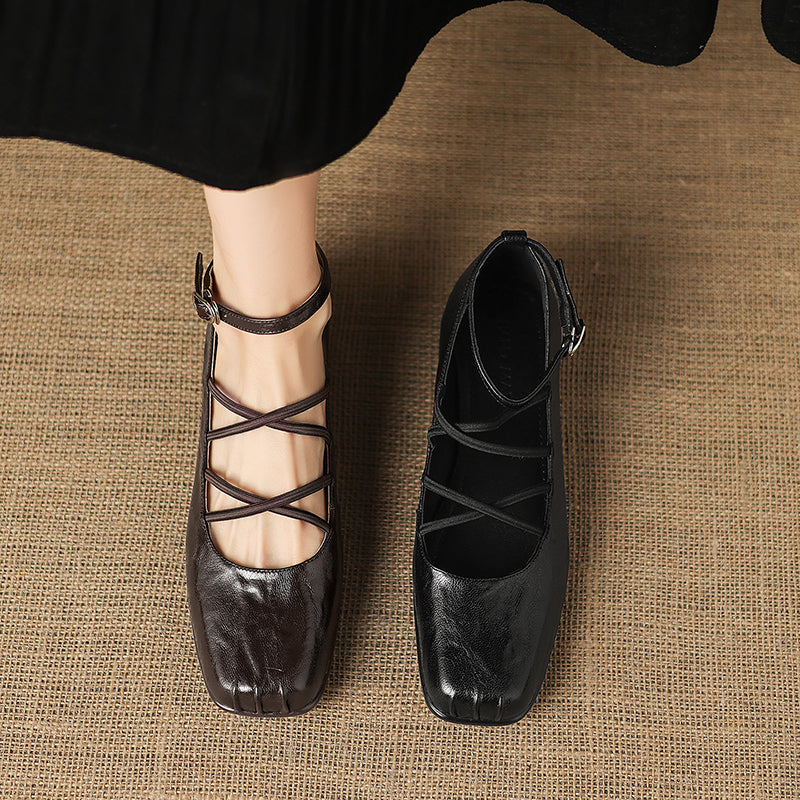 Women's Sheepskin Flats - Block Heel - Square Toe Strappy Mary Janes