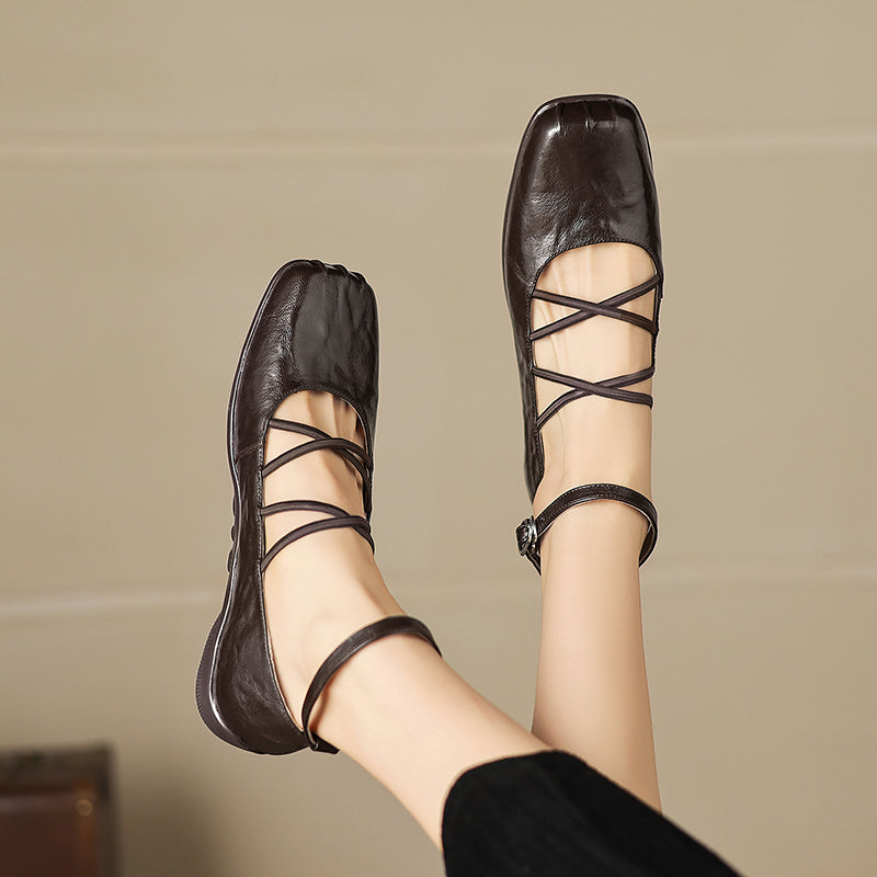 Women's Sheepskin Flats - Block Heel - Square Toe Strappy Mary Janes