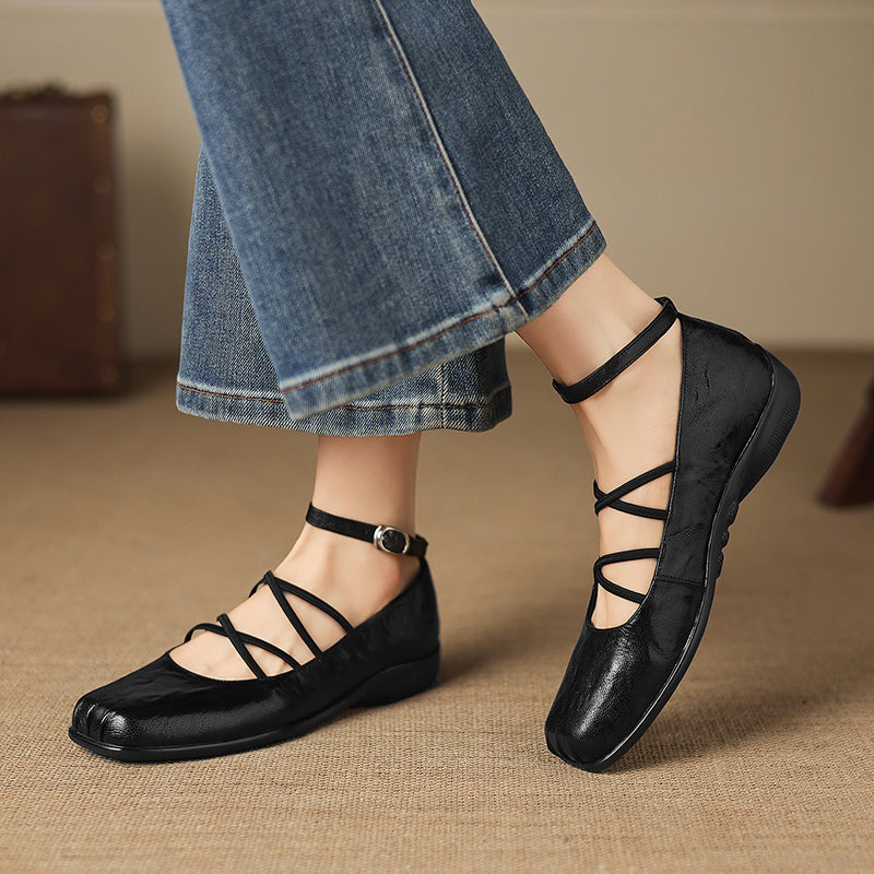 Women's Sheepskin Flats - Block Heel - Square Toe Strappy Mary Janes