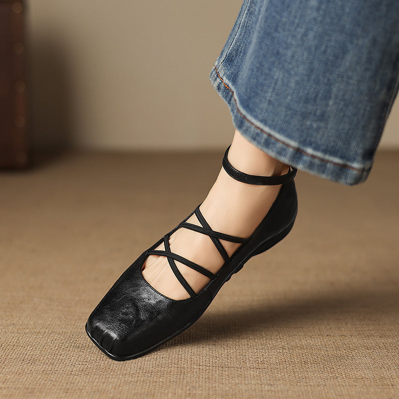 Women's Sheepskin Flats - Block Heel - Square Toe Strappy Mary Janes
