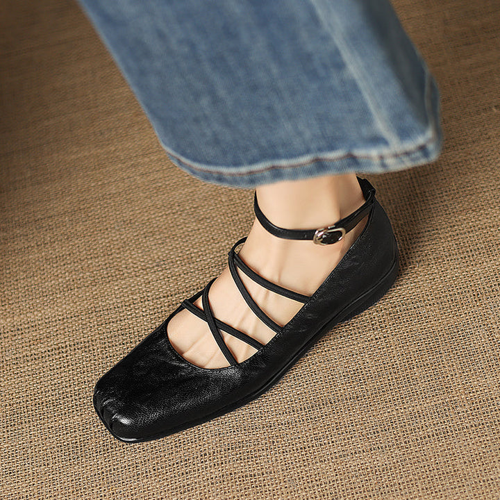Women's Sheepskin Flats - Block Heel - Square Toe Strappy Mary Janes