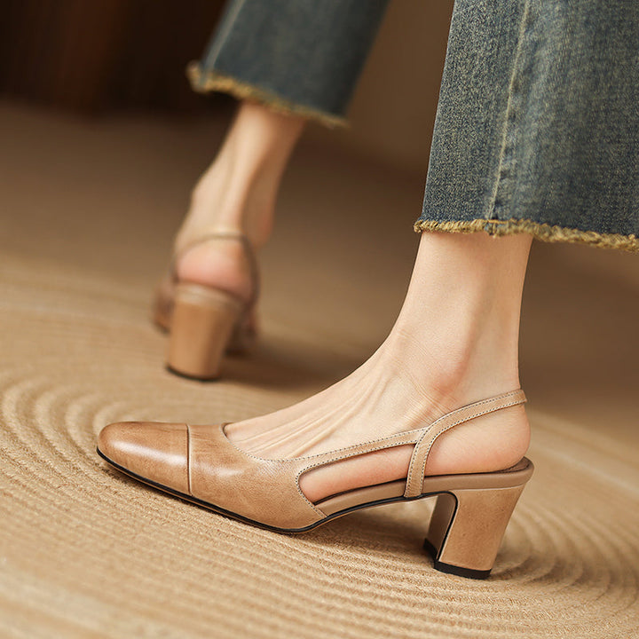 Women's Minimalist Genuine Leather Block Heels - Sophisticated Side-Cutout Slingbacks