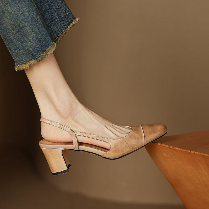Women's Handmade Genuine Leather Vintage Closed Toe Round Toe High Heeled Sandals