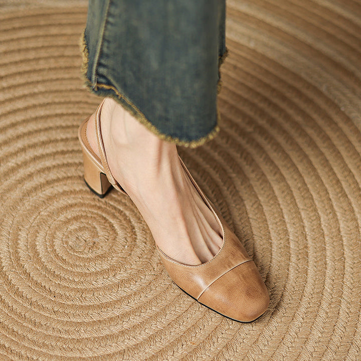 Women's Handmade Genuine Leather Vintage Closed Toe Round Toe High Heeled Sandals