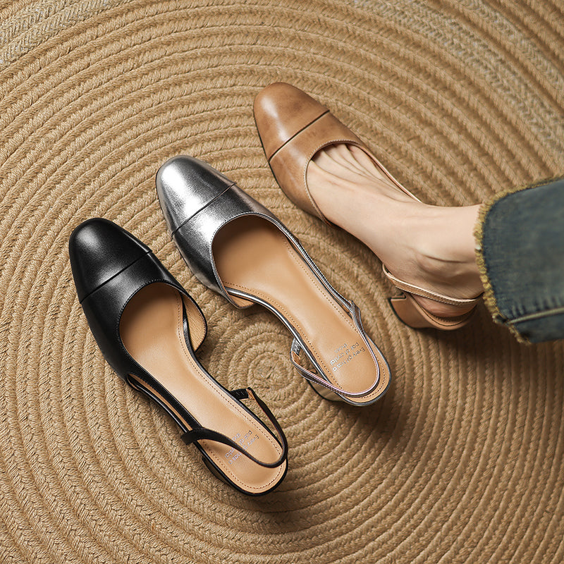 Women's Minimalist Genuine Leather Block Heels - Sophisticated Side-Cutout Slingbacks