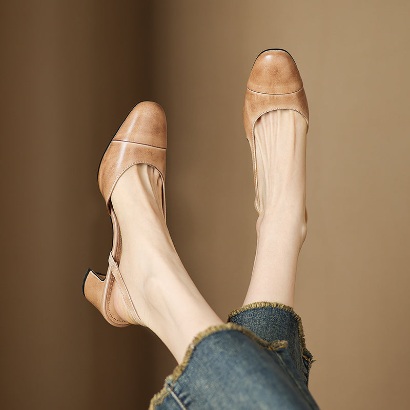 Women's Minimalist Genuine Leather Block Heels - Sophisticated Side-Cutout Slingbacks