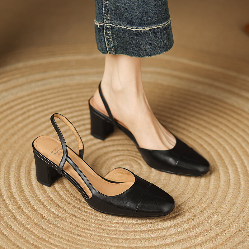 Women's Minimalist Genuine Leather Block Heels - Sophisticated Side-Cutout Slingbacks