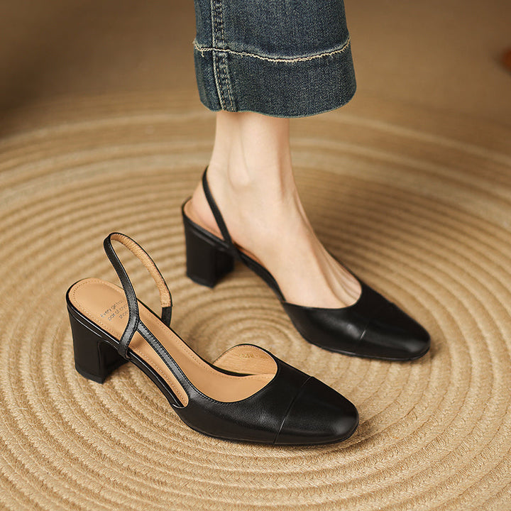 Women's Minimalist Genuine Leather Block Heels - Sophisticated Side-Cutout Slingbacks