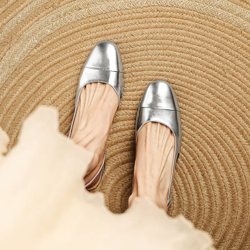 Women's Minimalist Genuine Leather Block Heels - Sophisticated Side-Cutout Slingbacks