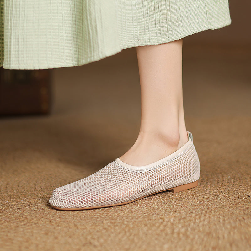 Minimalist Mesh Ballet Flats for Women - Breathable Cowhide Summer Shoes with Lambskin Insole