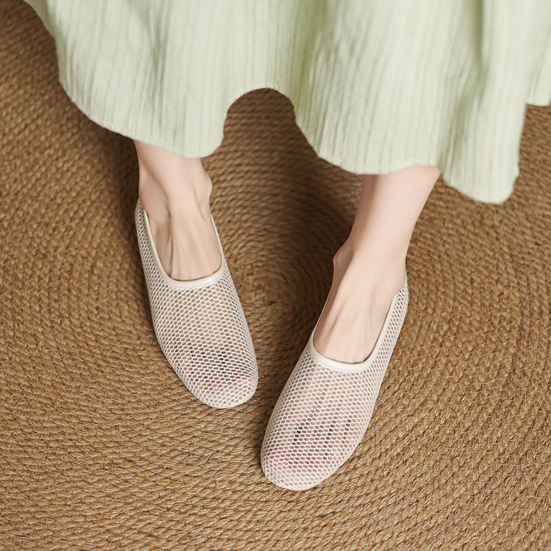 Minimalist Mesh Ballet Flats for Women - Breathable Cowhide Summer Shoes with Lambskin Insole