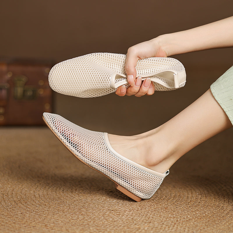 Minimalist Mesh Ballet Flats for Women - Breathable Cowhide Summer Shoes with Lambskin Insole