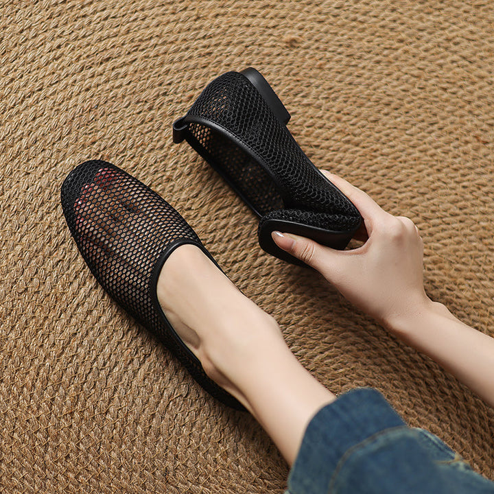 Minimalist Mesh Ballet Flats for Women - Breathable Cowhide Summer Shoes with Lambskin Insole
