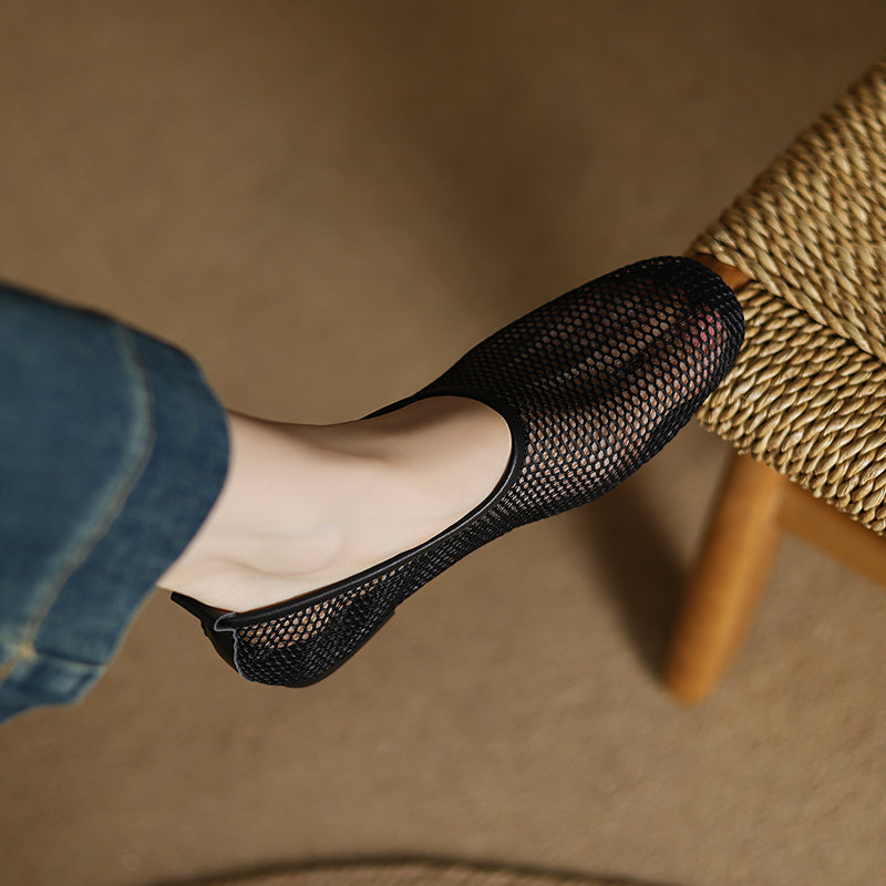 Minimalist Mesh Ballet Flats for Women - Breathable Cowhide Summer Shoes with Lambskin Insole