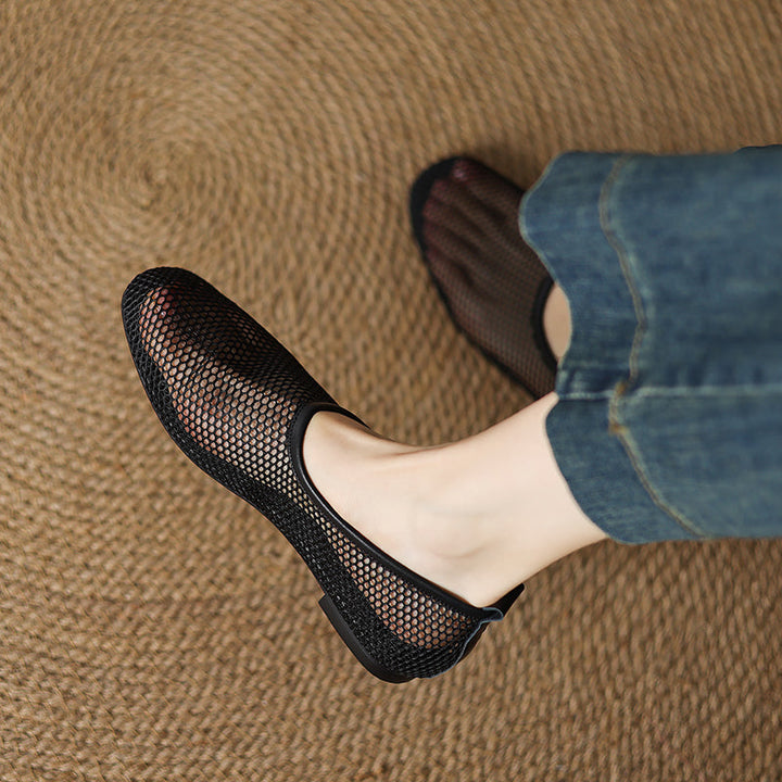Minimalist Mesh Ballet Flats for Women - Breathable Cowhide Summer Shoes with Lambskin Insole