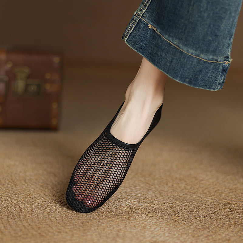 Minimalist Mesh Ballet Flats for Women - Breathable Cowhide Summer Shoes with Lambskin Insole