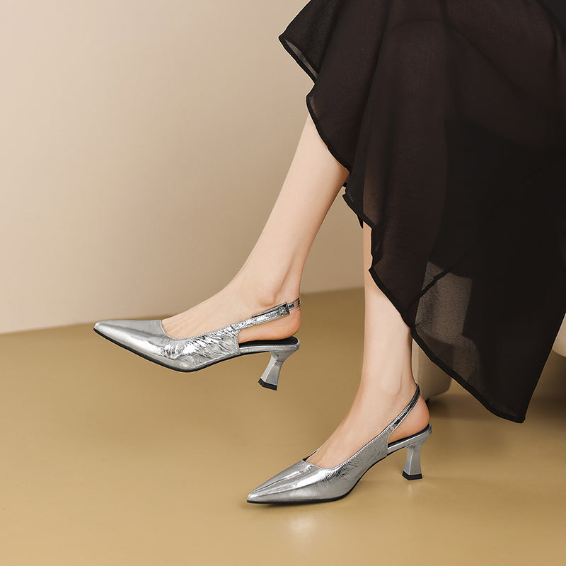 Handmade Metallic Leather Slingback Pumps - Women's Pointed Toe Kitten Heels
