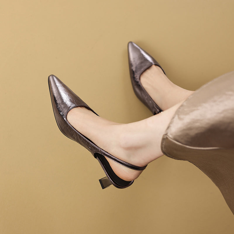 Handmade Metallic Leather Slingback Pumps - Women's Pointed Toe Kitten Heels