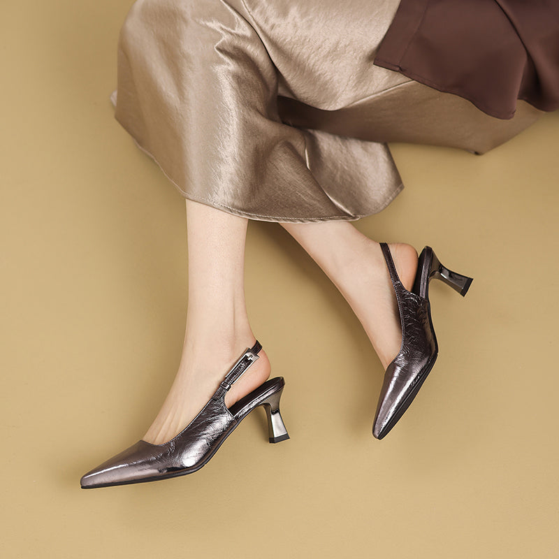 Handmade Metallic Leather Slingback Pumps - Women's Pointed Toe Kitten Heels
