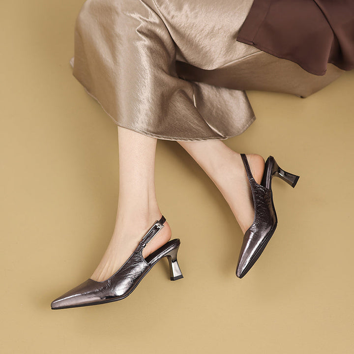 Handmade Metallic Leather Slingback Pumps - Women's Pointed Toe Kitten Heels
