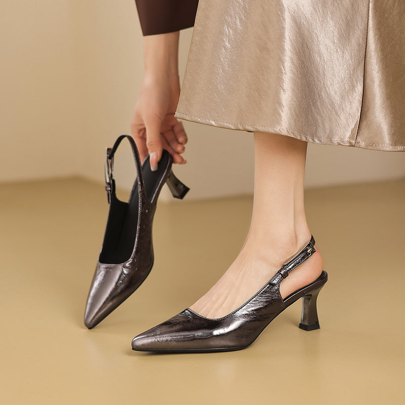 Handmade Metallic Leather Slingback Pumps - Women's Pointed Toe Kitten Heels