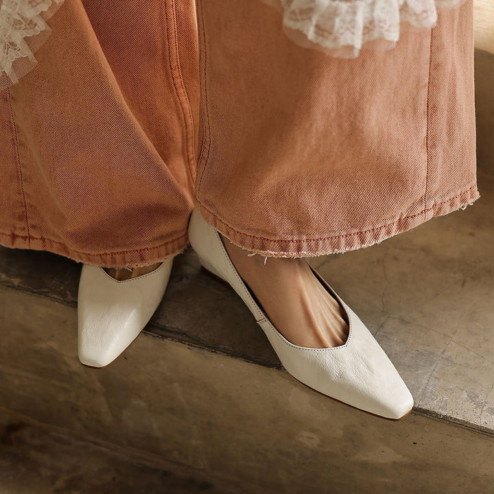 Women's Soft Sheepskin Low Wedge Pumps Square Toe Slip-on Comfort Dress Shoes