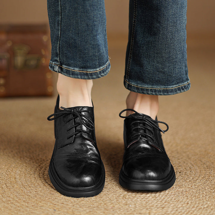 Women's Retro Sheepskin Oxfords Vintage Square Toe Lace-up Block Heel Pumps
