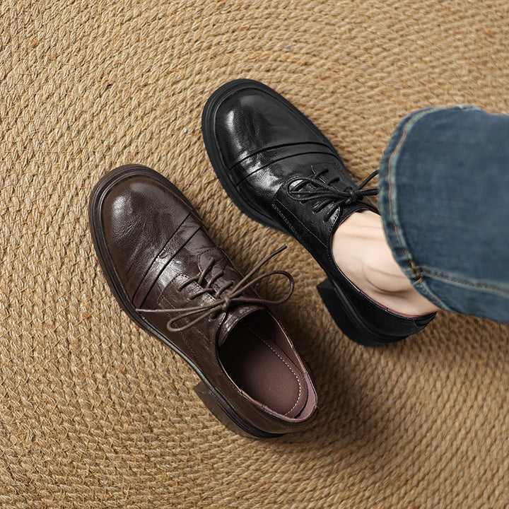 Women's Retro Sheepskin Oxfords Vintage Square Toe Lace-up Block Heel Pumps