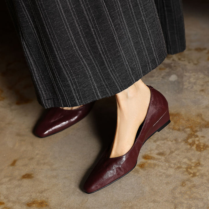 Women's Soft Sheepskin Low Wedge Pumps Square Toe Slip-on Comfort Dress Shoes