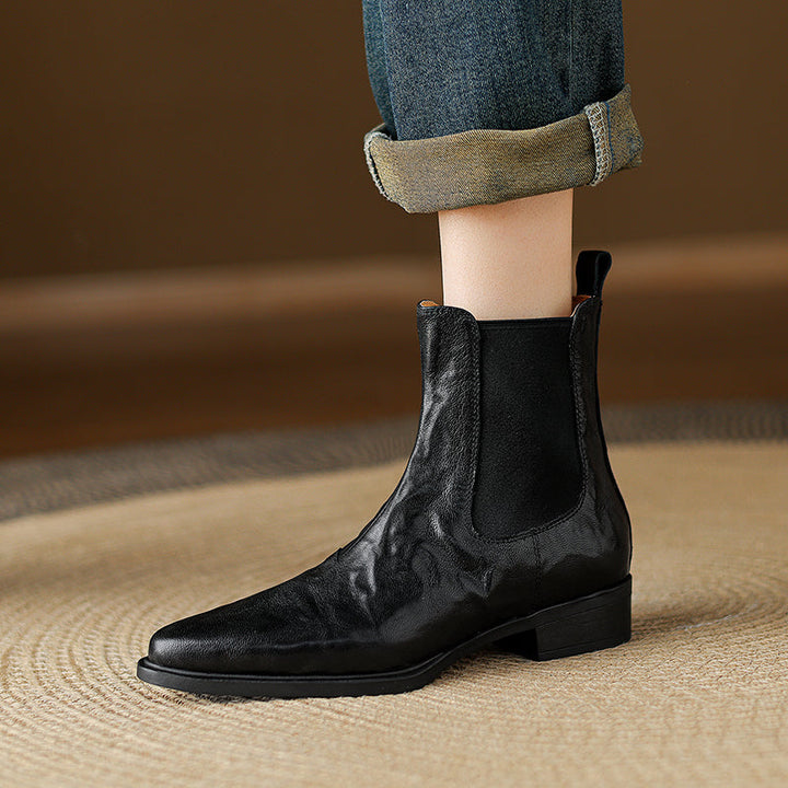 Women's Wrinkled Leather Chelsea Boots Pointed Toe Soft Sheepskin Elastic Slip-on Ankle Booties