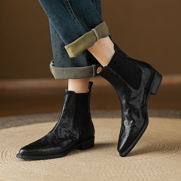 Women's Wrinkled Leather Chelsea Boots Pointed Toe Soft Sheepskin Elastic Slip-on Ankle Booties