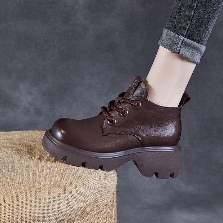 Women's Retro Genuine Leather Platform Lace-Up Chunky Boots