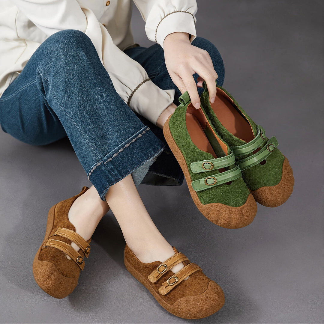 Women‘s Retro Leather Slip-on Mary Jane Flats Vintage Casual Walking Shoes