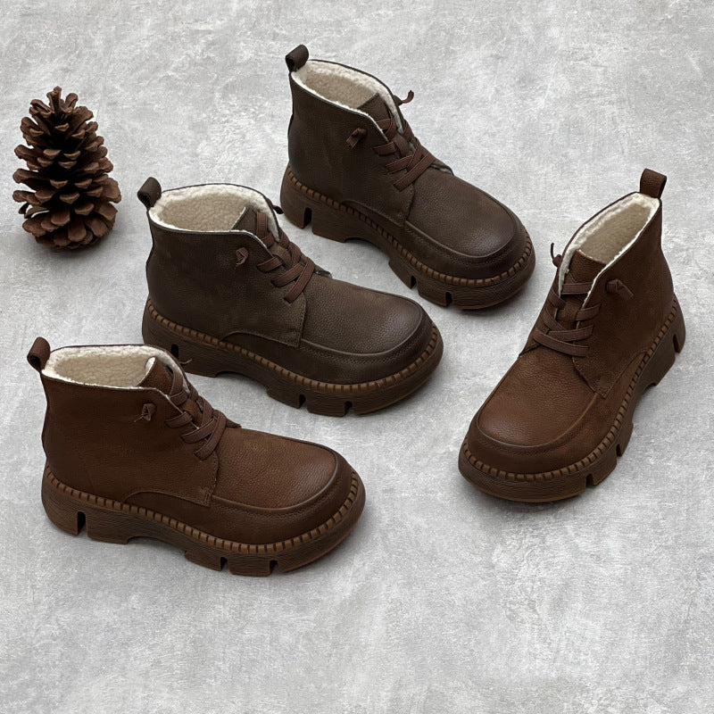 Retro Soft Leather Ankle Boots for Women – Comfortable Lace Up Design