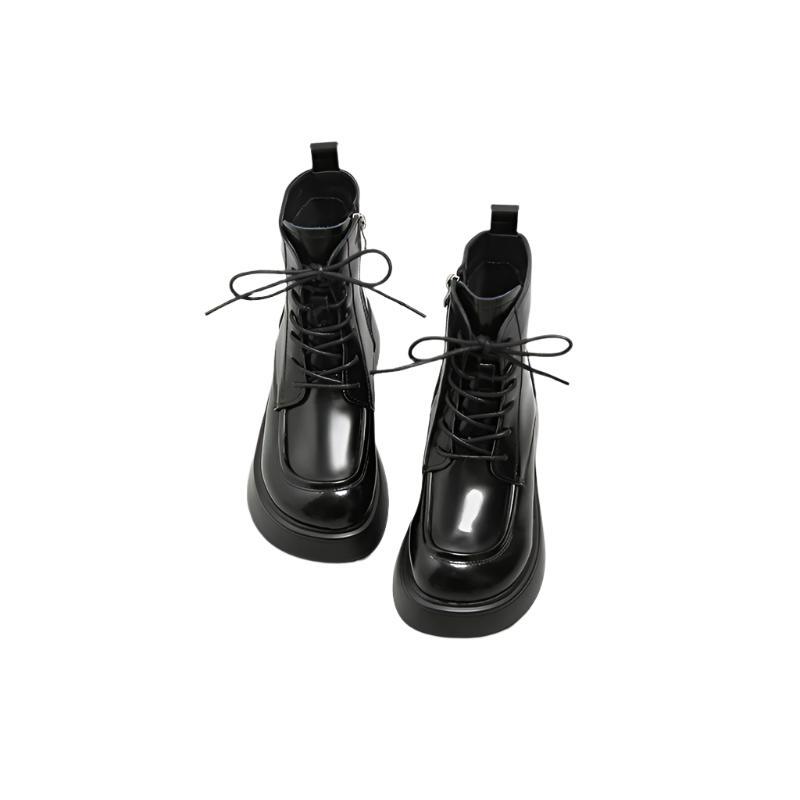Women's Square Toe Lace-Up Thick Sole Patent Leather Combat Boots