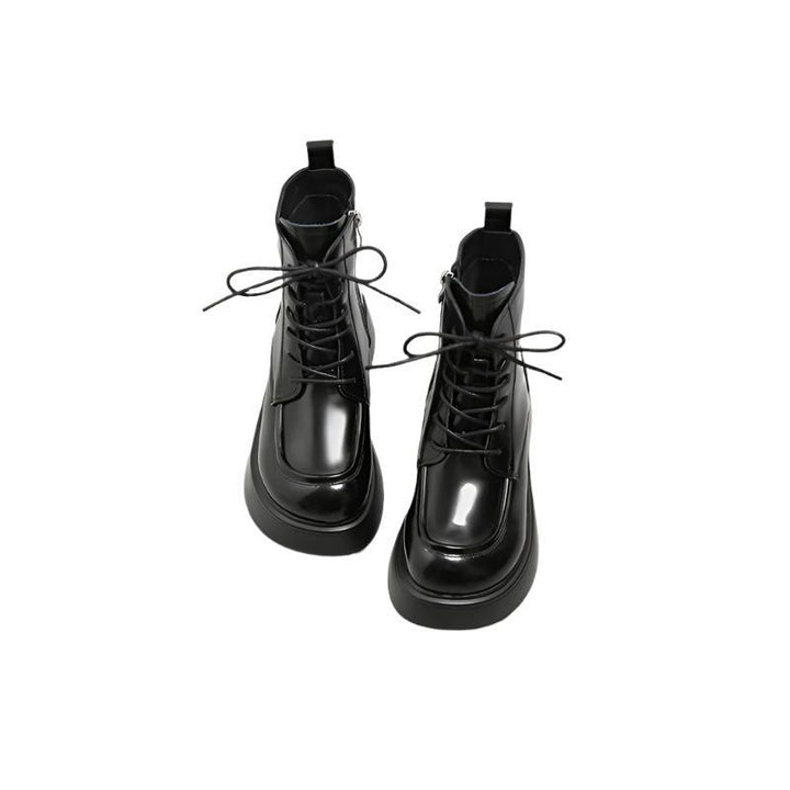 Women's Square Toe Lace-Up Thick Sole Patent Leather Combat Boots