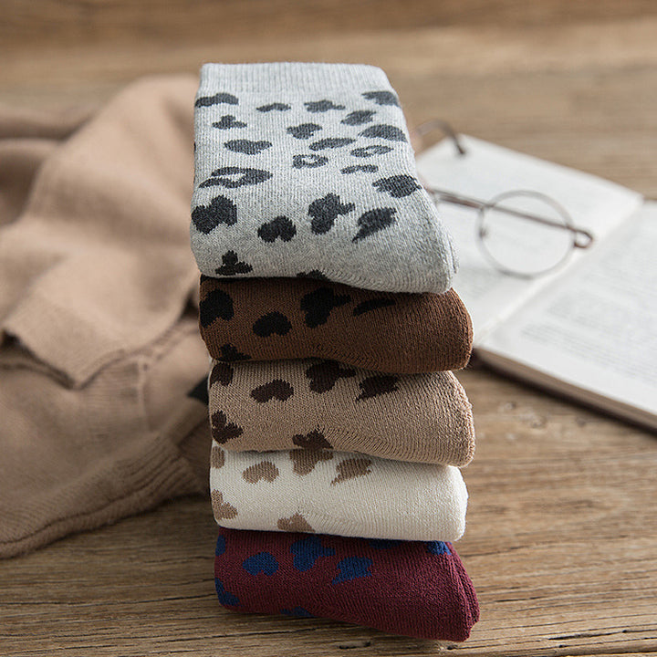 3 Pcs Spotted Leopard Print Socks Cotton Thickened Warm Women's Socks