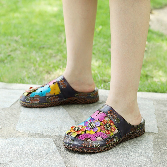 Womens Handmade Tropical Cut-out Leather Sandal Slippers