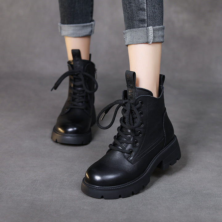 Women's Retro Platform Leather Ankle Boots – Zip & Lace-Up Design