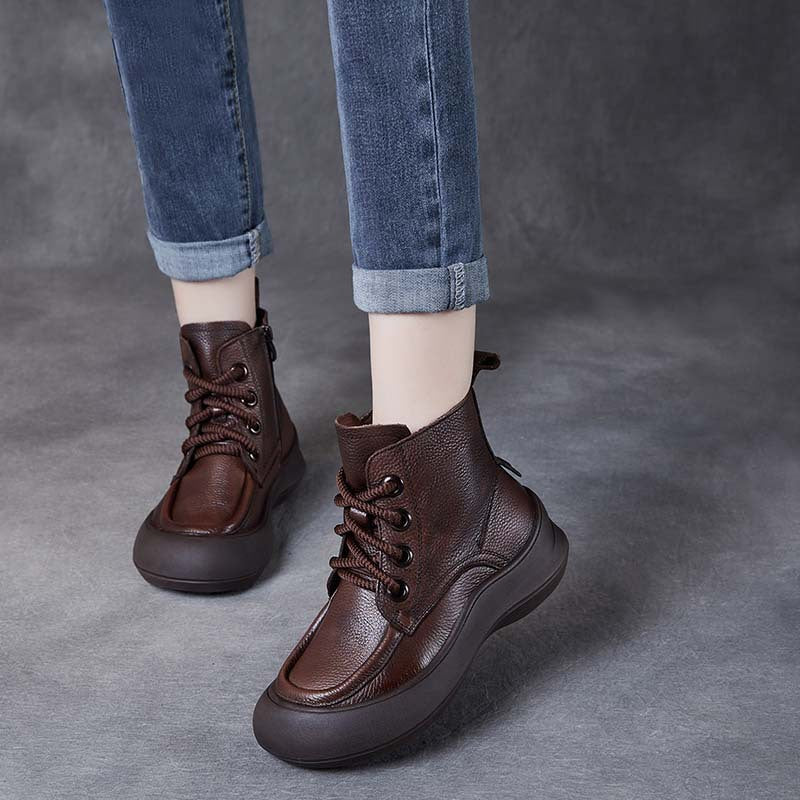 Women's Leather Platform Boots – Comfortable Casual Lace-Up Ankle Shoes