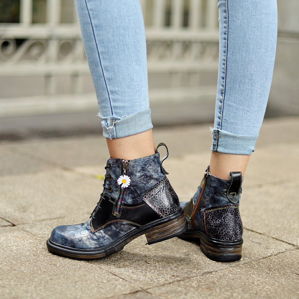 Floral Print Combat Boots for Women - Leather Lace-up Booties with Side Zipper