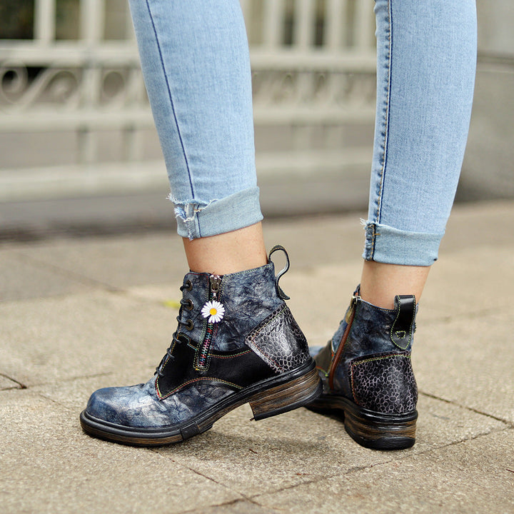 Floral Print Combat Boots for Women - Leather Lace-up Booties with Side Zipper