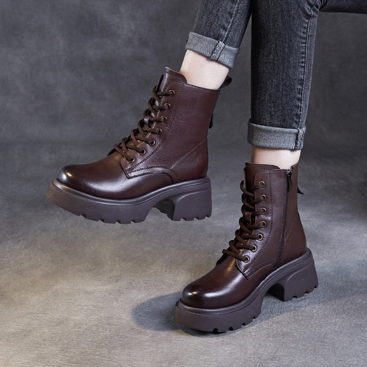 Women's Casual Genuine Leather Platform Boots – Chunky Heel & Side Zip