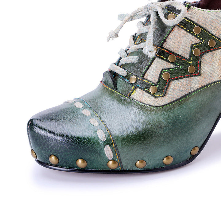 Vintage Inspired Leather Heeled Oxfords for Women - Studded Pointed Toe Lace-up Shoes